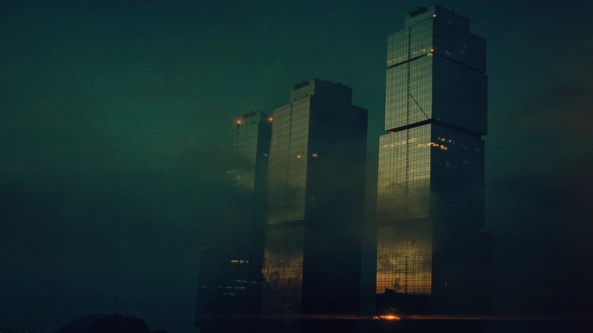 Financial-district glass towers at dusk